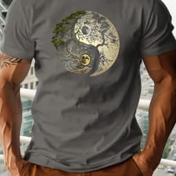 Men's Summer 100% Pure Cotton Casual Loose Sports T-Shirt Yin-Yang Tree Pattern Print Round Neck Short-Sleeved Top