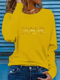 Spring and Autumn Women's 100% Cotton Fashion Casual Loose Los Angeles Letter Pattern Printed Long Sleeve Round Neck T-shirt