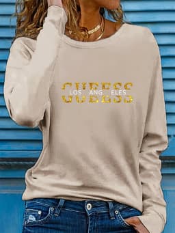 Spring and Autumn Women's 100% Cotton Fashion Casual Loose Los Angeles Letter Pattern Printed Long Sleeve Round Neck T-shirt