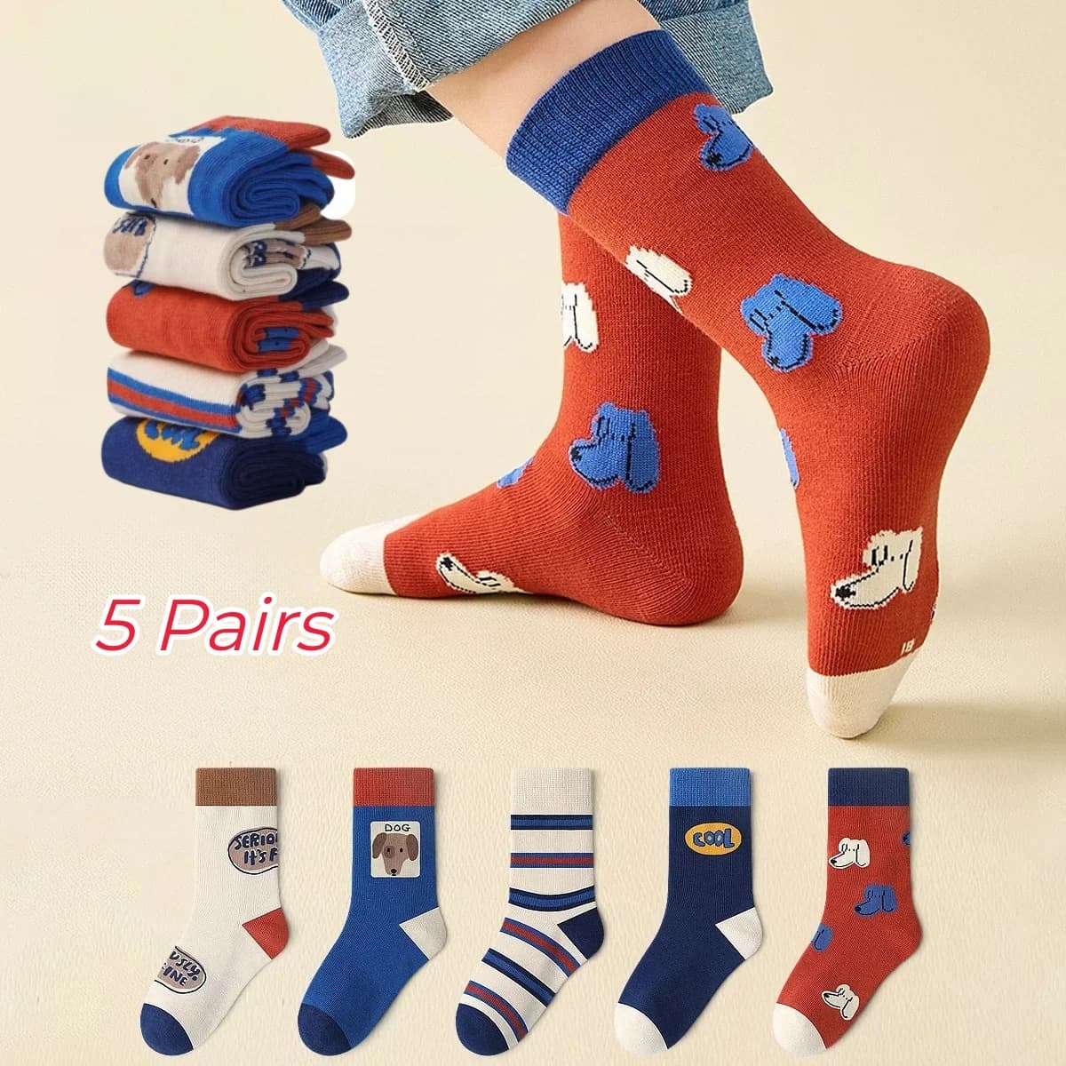 XJK Baby Socks Children Autumn Socks Boys Funny Puppy Pattern Socks 5 Pairs Cotton Socks Kids Sock