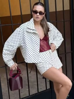 HH Female Autumn Fashion Polka Dot Printed Set Long Sleeves Turtleneck Drawstring Jacket+A-line Shorts Women's Vintage Suit