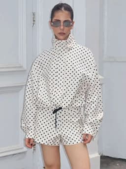 HH Female Autumn Fashion Polka Dot Printed Set Long Sleeves Turtleneck Drawstring Jacket+A-line Shorts Women's Vintage Suit