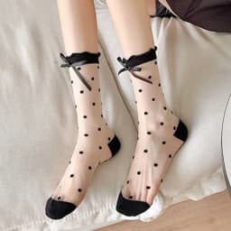 Women Sexy Lace Sheer Socks Thin Breathable Transparent Glass Yarn Sock Japanese Style Cute Lolita Bow Polka Dots Mid Tube Socks
