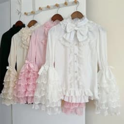 Gothic & Sweet Lolita Shirt - Long Sleeve Ruffled Blouse for JSK Dresses, Kawaii Doll Lace Top with Puff Sleeves in Pink/White
