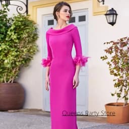 Modest Mother of The Bride Dress Customized Flower Feathers 3/4 Sleeves Scoop Neck Evening Party Gown Wedding Guest Dresses