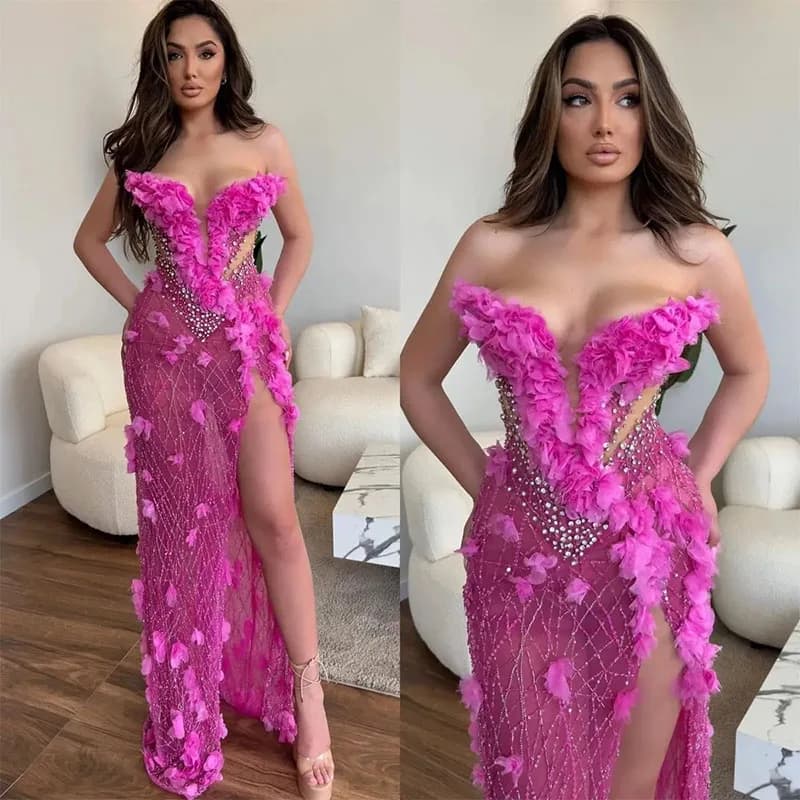 Customized Sexy Rosy Pink Prom Dresses V Neck Split Crystal Evening Dress Pearls Floral Formal Long Special Occasion Party Dress