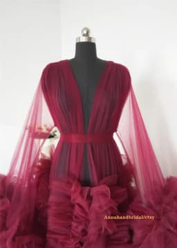 Women's Burgundy Photography Dress Sexy Robe Nightgown Ruffles Sleepwear Lace Tulle Bathrobe Pajamas Prom Bridesmaid Shawl