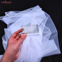 TOPQUEEN V35 Bridal Veil With Pearls Edge Women's Short Veil With Comb Single Tier Pearl Edge Bridal Veil For The Church Veu