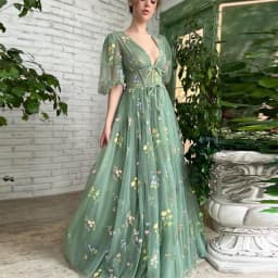 Sevintage Green Embroidery Lace Prom Dresses Puff Sleeves A-Line Long Wedding Party Gowns Open Back Tulle Evening Dress 2022