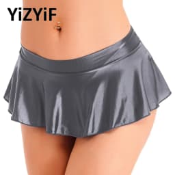 Womens Glossy Mini Skirts Solid Color Shiny Low Rise Elastic Waistband Pool Party Nightclub Ruffled Skirt Bikini Cover Ups