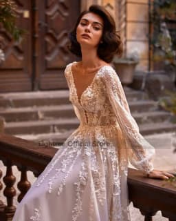 Eightree Vestido de Noiva Renda 2021 Lace Wedding Dresses Women Long Sleeve Bride Dress V Back Champagne Vintage Wedding Gowns
