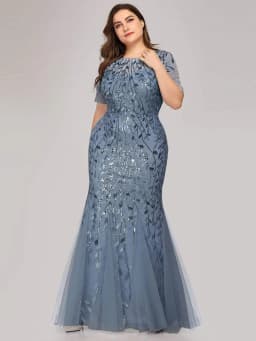 2023 Plus Size Sequin Mesh Mermaid Slim Evening Dress Beaded Leaves Pattern Formal Women Elegant Party Prom Gowns Short Sleeve