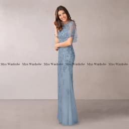 Mother Of The Bride Blue Dresses Floor Length Tulle Applique Short Sleeve Long For Weddings Formal Party Gown Elegant Customze