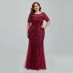 Women Plus Size Sequin Mesh Embroidery Mermaid Evening Dress Formal Short Sleeve Elegant Party Prom Gowns 2020 New Long Dress