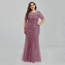 Women Plus Size Sequin Mesh Embroidery Mermaid Evening Dress Formal Short Sleeve Elegant Party Prom Gowns 2020 New Long Dress