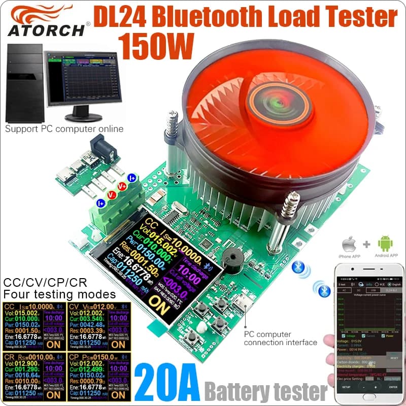 DL24 150W 20A DC Power USB Tester Electronic Load Lithium Battery Capacity Monitor Discharge Meter Supply Checker With APP