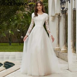 RODDRSYA Lace Wedding Dresses Long Sleeves Civil High V-neckline vestidos de novia Sparkling A-line Tulle Bridal Gown Plus Size