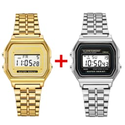 2Pcs Fashion Digital Men's Watches Gold Luxury Stainless Steel Link Bracelet Wrist Watch Band Business Electronic Male Clock