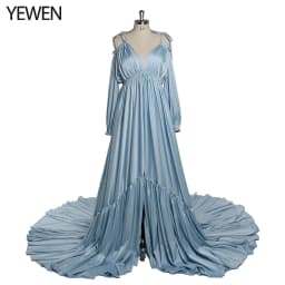 Sexy Shoulderless Satin Photography Gown Pregnancy Shooting Dress Maxi Gown for Photo Shoot Photography Props YEWEN DY21721