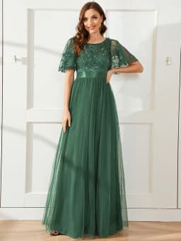 Elegant Evening Dresses Sequin Print Maxi Long with Cap Sleeve A-LINE Ever Pretty of Burgundy Gauze Prom Dresses Of Women