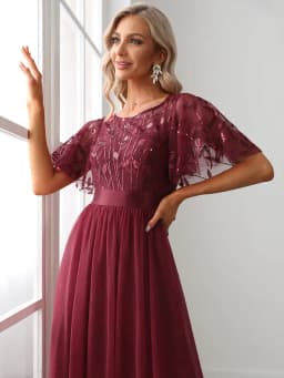 Elegant Evening Dresses Sequin Print Maxi Long with Cap Sleeve A-LINE Ever Pretty of Burgundy Gauze Prom Dresses Of Women