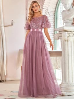Elegant Evening Dresses Sequin Print Maxi Long with Cap Sleeve A-LINE Ever Pretty of Burgundy Gauze Prom Dresses Of Women