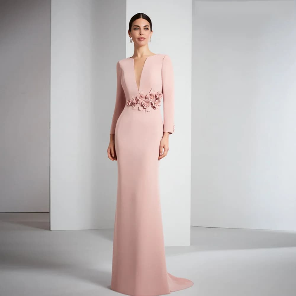 Elegant Pink Mother of the Bride Dresses V Neck Long Sleeves Customized Wedding Party Gowns Flowers Mermaid 2025 فساتين السهرة