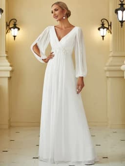 Elegant Evening Dresses Long Lantern Sleeves V-neck Ever Pretty of A-LINE Chiffon Burgundy Flower Beltbelt Prom Dress Women