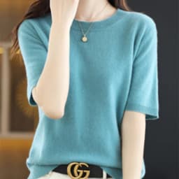 Spring and Summer New Short-sleeved Women O-neck Slim Wool Cotton Blend Pullover Vest T-shirt Knitted Base Sweater