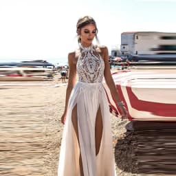 Beach Wedding Dresses Boho Bride Gowns Sexy High Side Slit Halter Lace Top Chiffon Skirt Long Backless Bridal Dresses Customized
