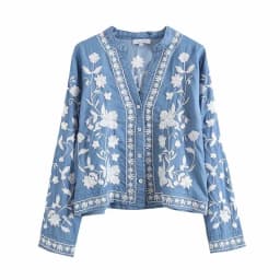 3/4 Sleeve Denim Shirt Women's Spring Summer Soft Jeans V Necks Floral Embroidery Blouses Thin Coat Tops New 2026 T35432M