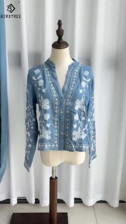 3/4 Sleeve Denim Shirt Women's Spring Summer Soft Jeans V Necks Floral Embroidery Blouses Thin Coat Tops New 2026 T35432M