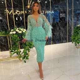 V-Neck Fashion Full Sleeve Straight Evening Dresses Custom Tea-Length Feathers Applique Women's Dress Spring Vestidos De Fiest