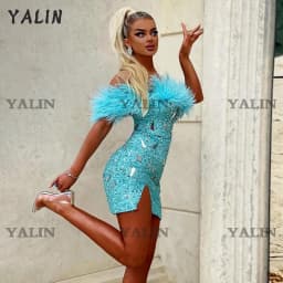 Customized Sexy Unique Short Prom Dress Off The Shoulder Blue Feather Homecoming Dresses Sequin Beading Mini Sheath Cocktail Gow
