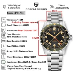 PAGANI DESIGN PD1784 Men’s GMT Automatic Mechanical Watch DG5833 Stainless Steel Sapphire Crystal Waterproof Local Delivery