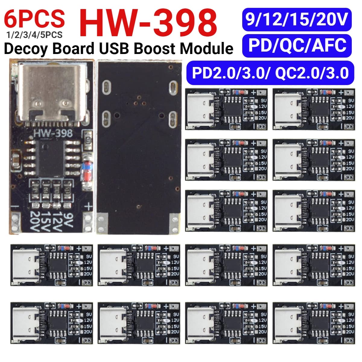 1-6PCS PD/QC/AFC Type-C Decoy Board USB Boost Module 9V 12V 15V 20V Charging Voltage Protocol Trigger Board PPS/QC4+ QC3.0/2.0