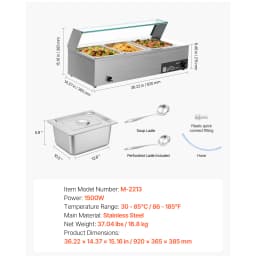 SucceBuy Commercial Food Warmer Electric Stainless Steel Steam Food Warmer with Glass Cover 3-Pan Countertop Buffet Bain Marie