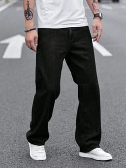 Men's Straight-Leg Casual Jeans with Five-Pocket Design in Black for All-Season Comfort and Mid-Rise Fit