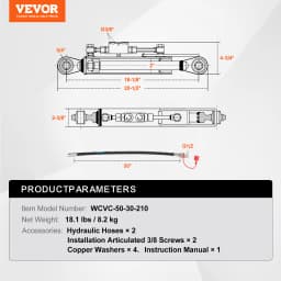SucceBuy Hydraulic Top Link Cat.1-1 Hydraulic Cylinder with 2 Hoses&G3/8" Check Valve High-Sealing Check Valve Easy Installation