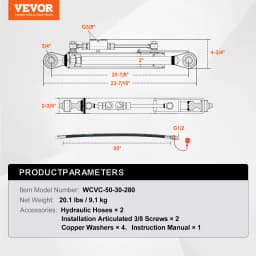 SucceBuy Hydraulic Top Link Cat.1-1 Hydraulic Cylinder with 2 Hoses&G3/8" Check Valve High-Sealing Check Valve Easy Installation