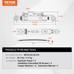 SucceBuy Hydraulic Top Link Cat.1-1 Hydraulic Cylinder with 2 Hoses&G3/8" Check Valve High-Sealing Check Valve Easy Installation