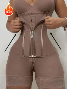 Women's High-Waisted Lace Shapewear Bodysuit - Non-Padded, Full-Coverage, Zipper Closure, Nylon Knit Fabric with Elegant Contras