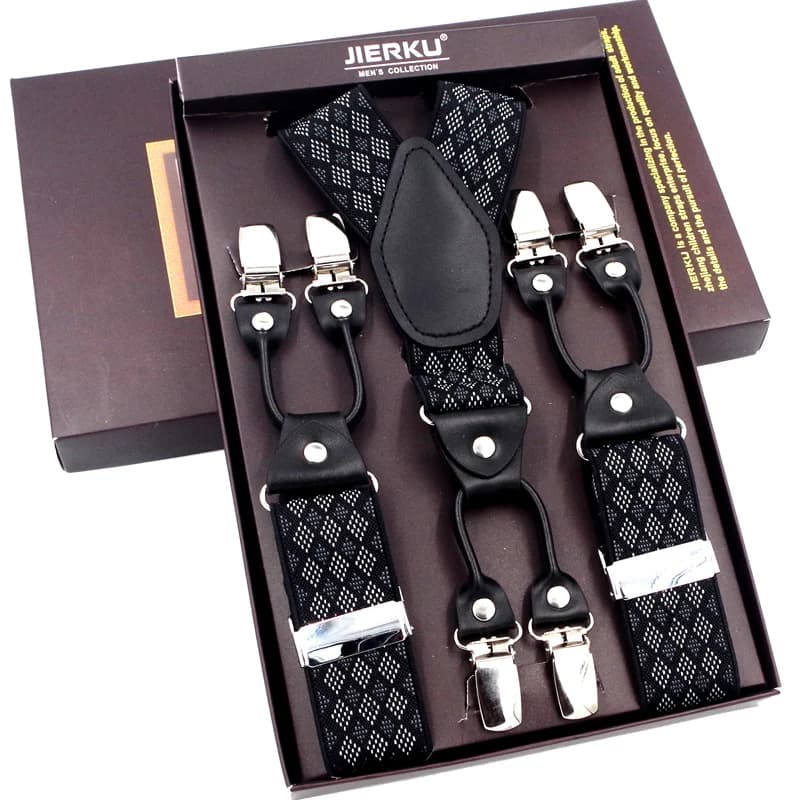 Fashion Suspenders Black Leather 6 Clips Braces Vintage Casual Suspensorio Tirante Trousers Strap Bretele Father/Husband's Gift