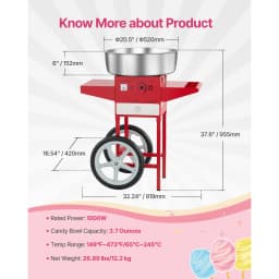 SucceBuy Electric Cotton Candy Machine with Cart Commercial Candy Floss Maker with 20.5 in Stainless Steel Bowl Sugar Scoop