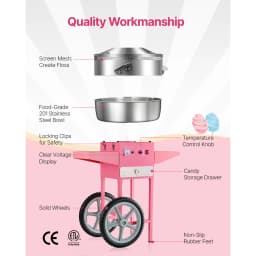 SucceBuy Electric Cotton Candy Machine with Cart Commercial Candy Floss Maker with 20.5 in Stainless Steel Bowl Sugar Scoop