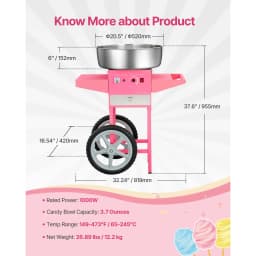 SucceBuy Electric Cotton Candy Machine with Cart Commercial Candy Floss Maker with 20.5 in Stainless Steel Bowl Sugar Scoop