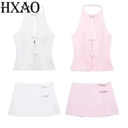 HXAO Bow Two Piece Set Backless Halter Women Top And Mid Waist Lady Skirt New In 2024 Summer Fashion Casual Office Lady Set