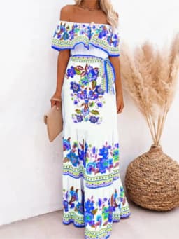2024 Spring Summer Women's New Sexy One Shoulder Off Shoulder Fashion Red Flower Printed Lace Up Waist Long Swing Dress