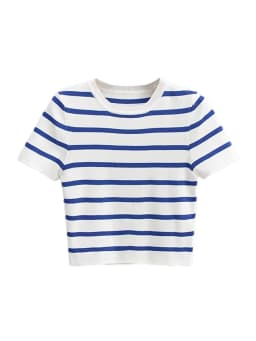Women Fashion Striped Basic Cropped Knit Sweater Vintage O Neck Short Sleeve Female Pullovers Chic Tops