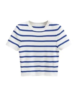 Women Fashion Striped Basic Cropped Knit Sweater Vintage O Neck Short Sleeve Female Pullovers Chic Tops
